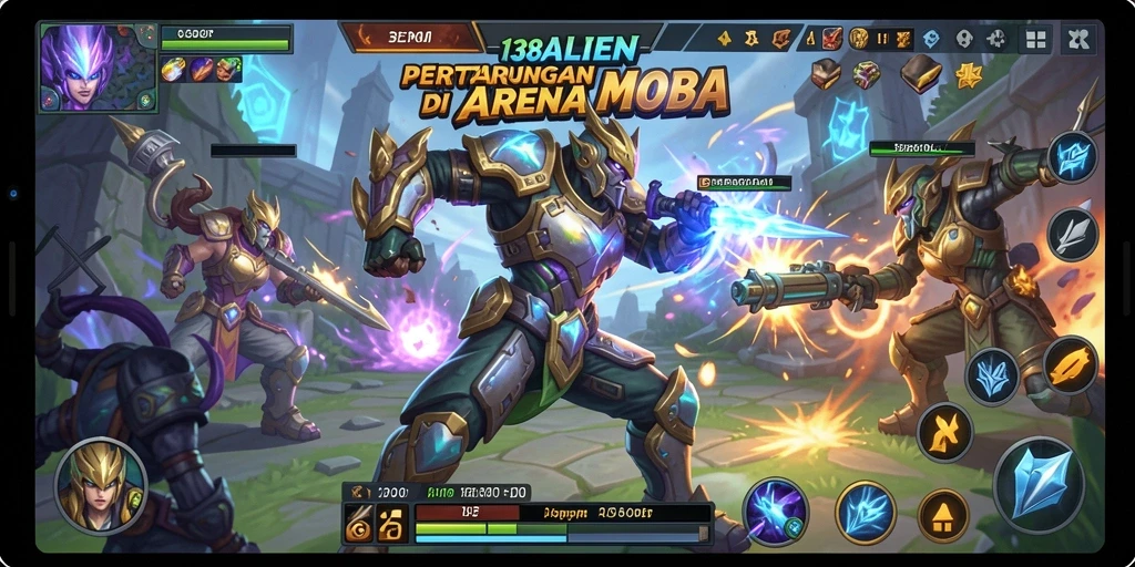 Screenshot gameplay menampilkan pertempuran seru di arena MOBA.