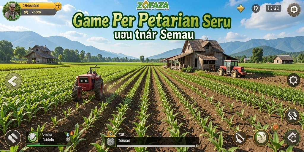 Gameplay ZOFAZA yang menampilkan ladang pertanian yang megah.